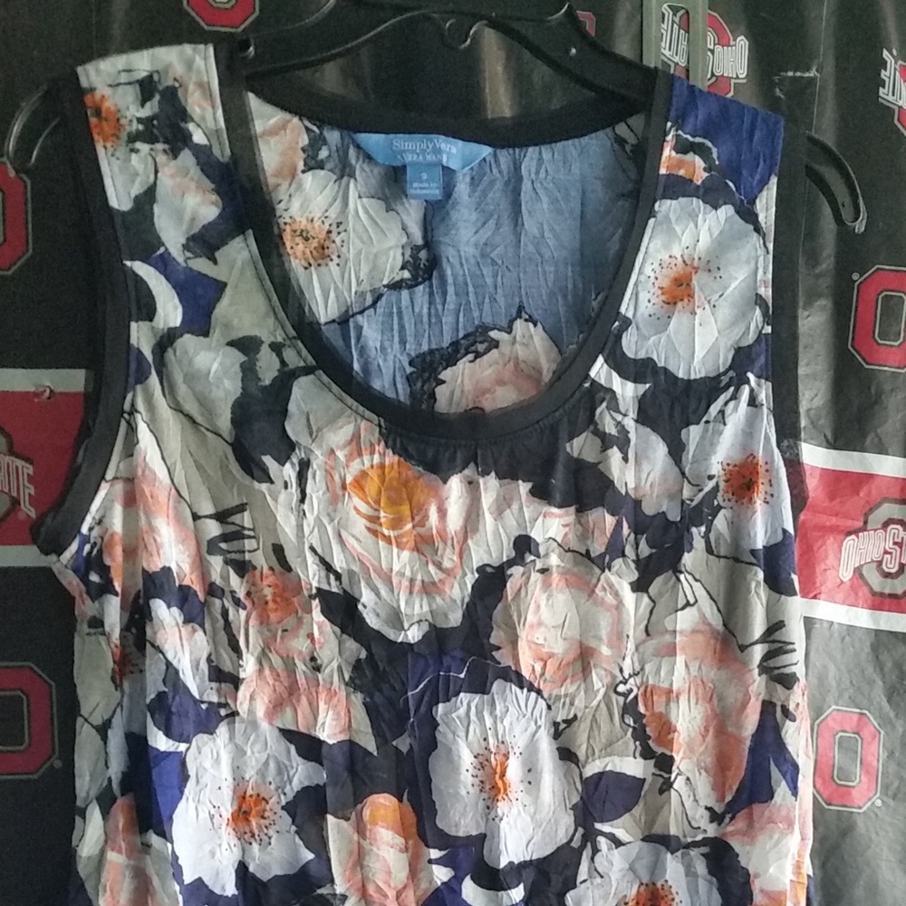 Simply Vera Vera Wang Hi Low Tank Navy Blue Floral Crepe Crinkle Women’s Small